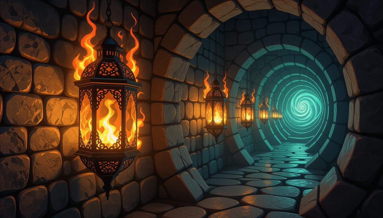 Surreal Lanterns Dissolving in Stone Hallway