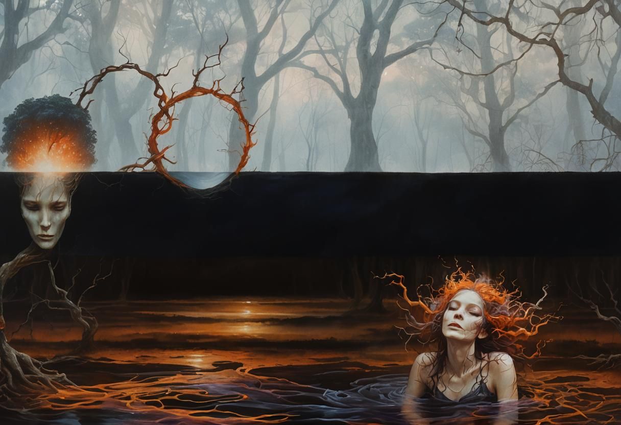 Dreamlike Woman in Misty Forest, Surreal Oil Painting