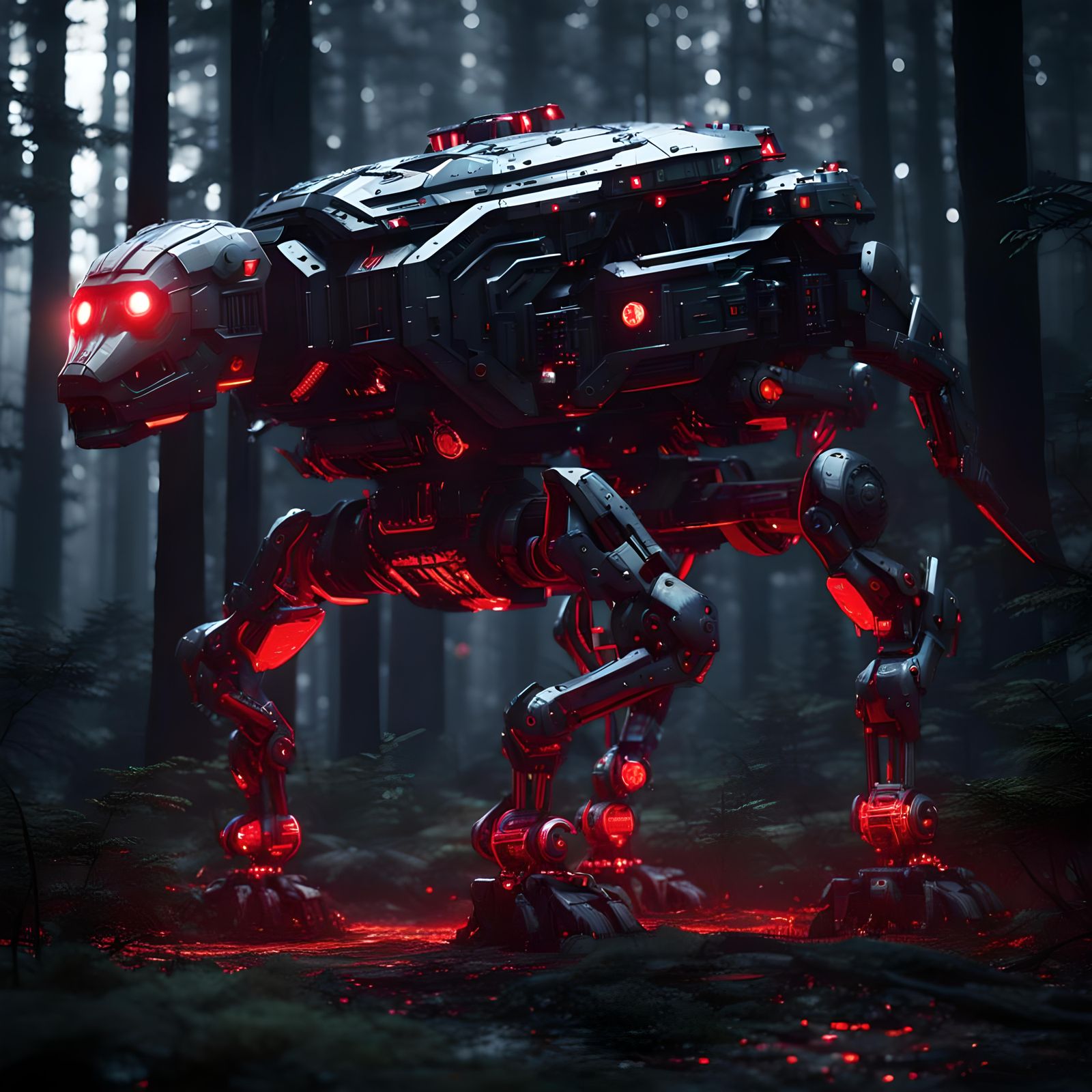 Futuristic Robotic Dog in Dark Forest
