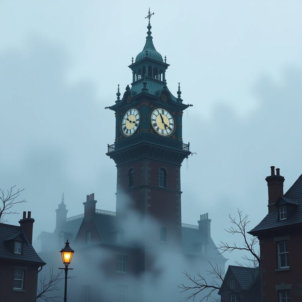 Whimsical Clock Tower in Mist: Dreamy Nostalgic Art