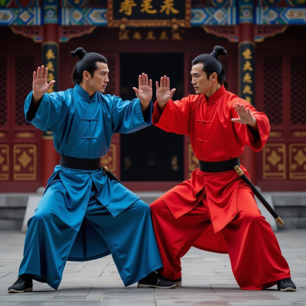 Two Chinese Men in Traditional Gowns in Martial Arts Stance