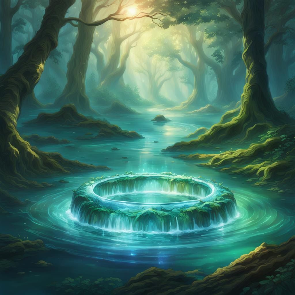 Glowing Water Ring in Mystical Forest: Art Nouveau