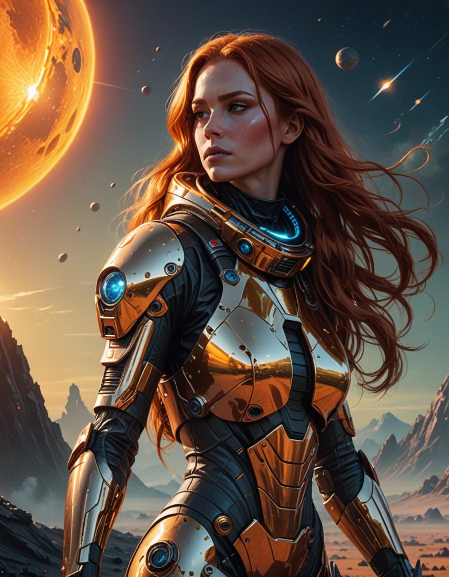 Woman on Alien Planet Gazing at Sunset