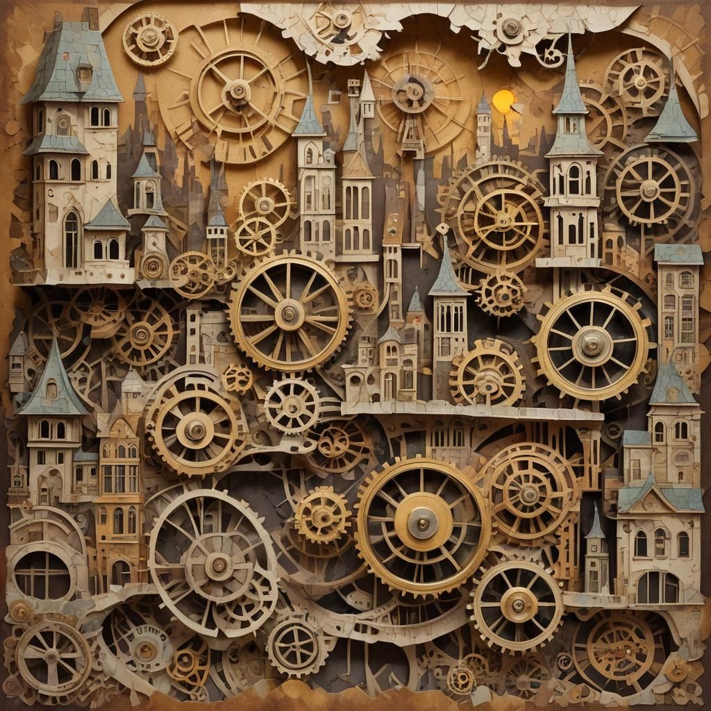 Steampunk Cityscape Paper Collage with Clockwork Gears