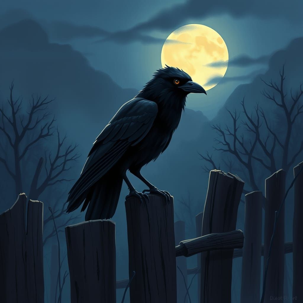Mysterious Crow in Twilight: Dark Fantasy Illustration