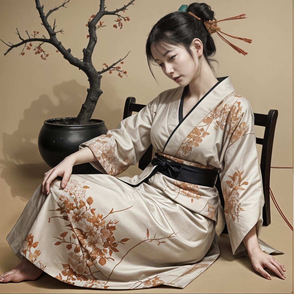 Japanese Woman Under Yuzu Tree in Woodblock Print