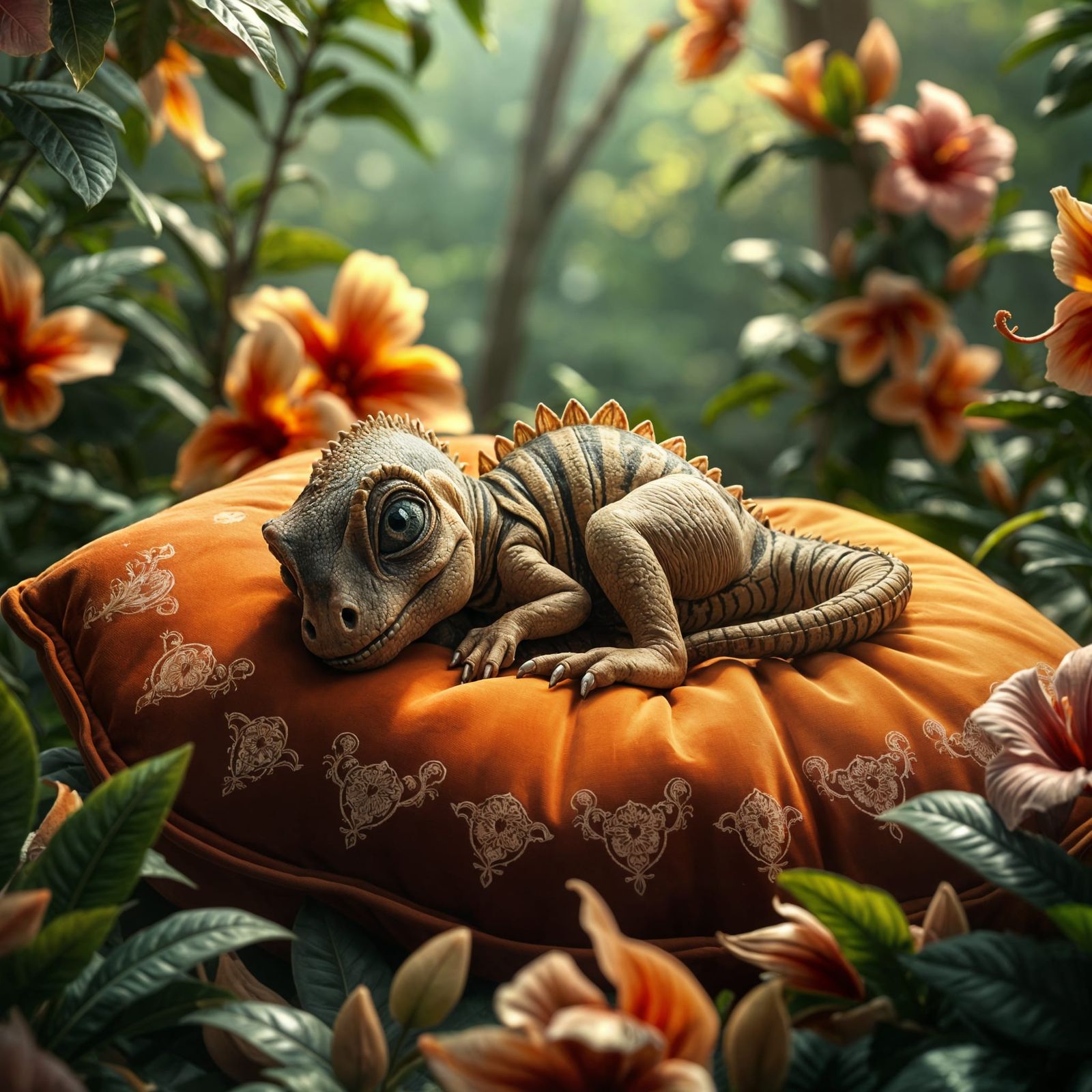 Cute Curled Up Velociraptor Dinosaur in Vibrant Forest