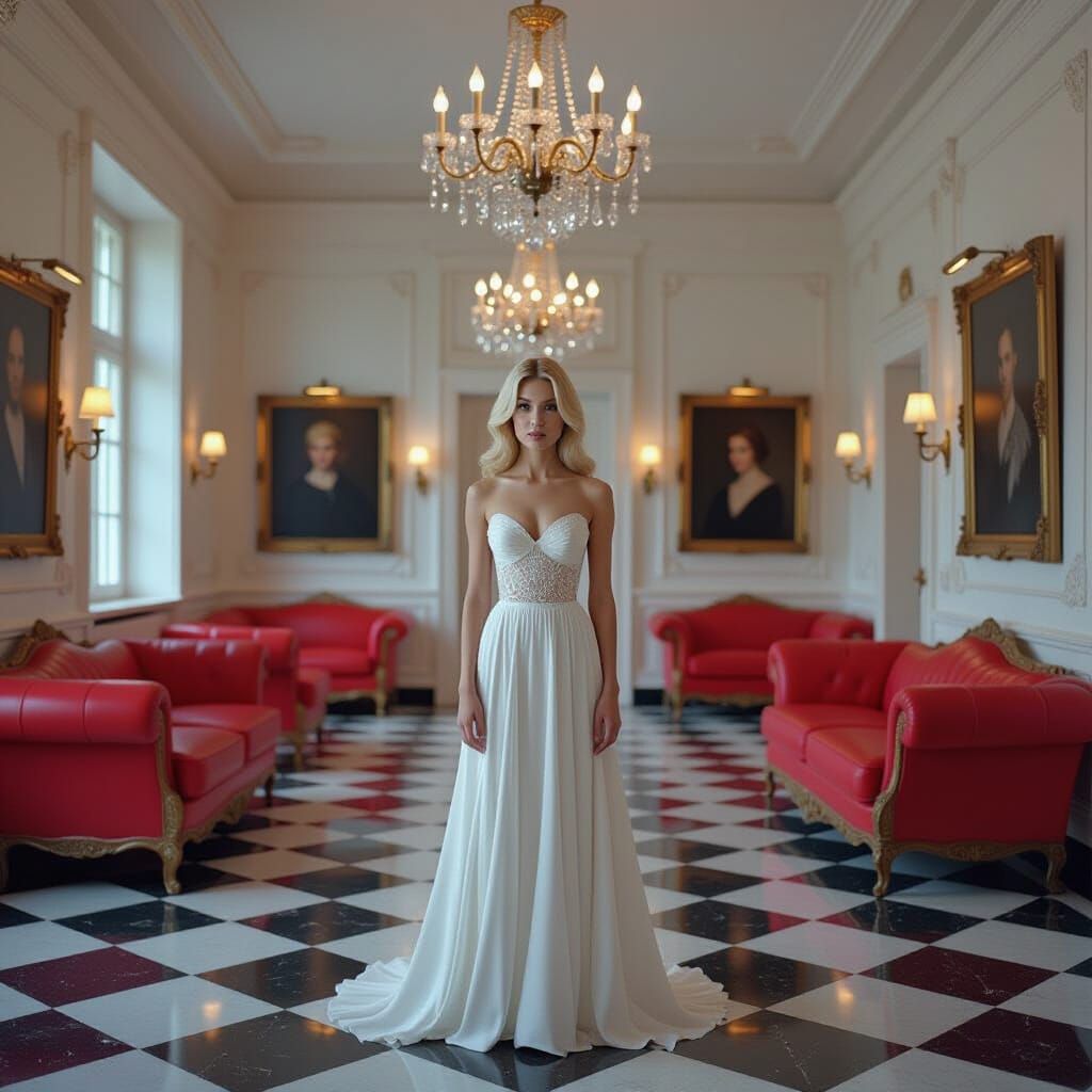 Elegant Woman in Ornate Room, Cinematic Style