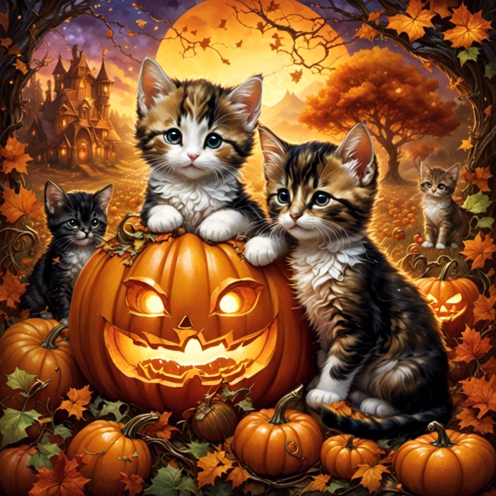 Kittens and Puppies Feast in Pumpkin Patch