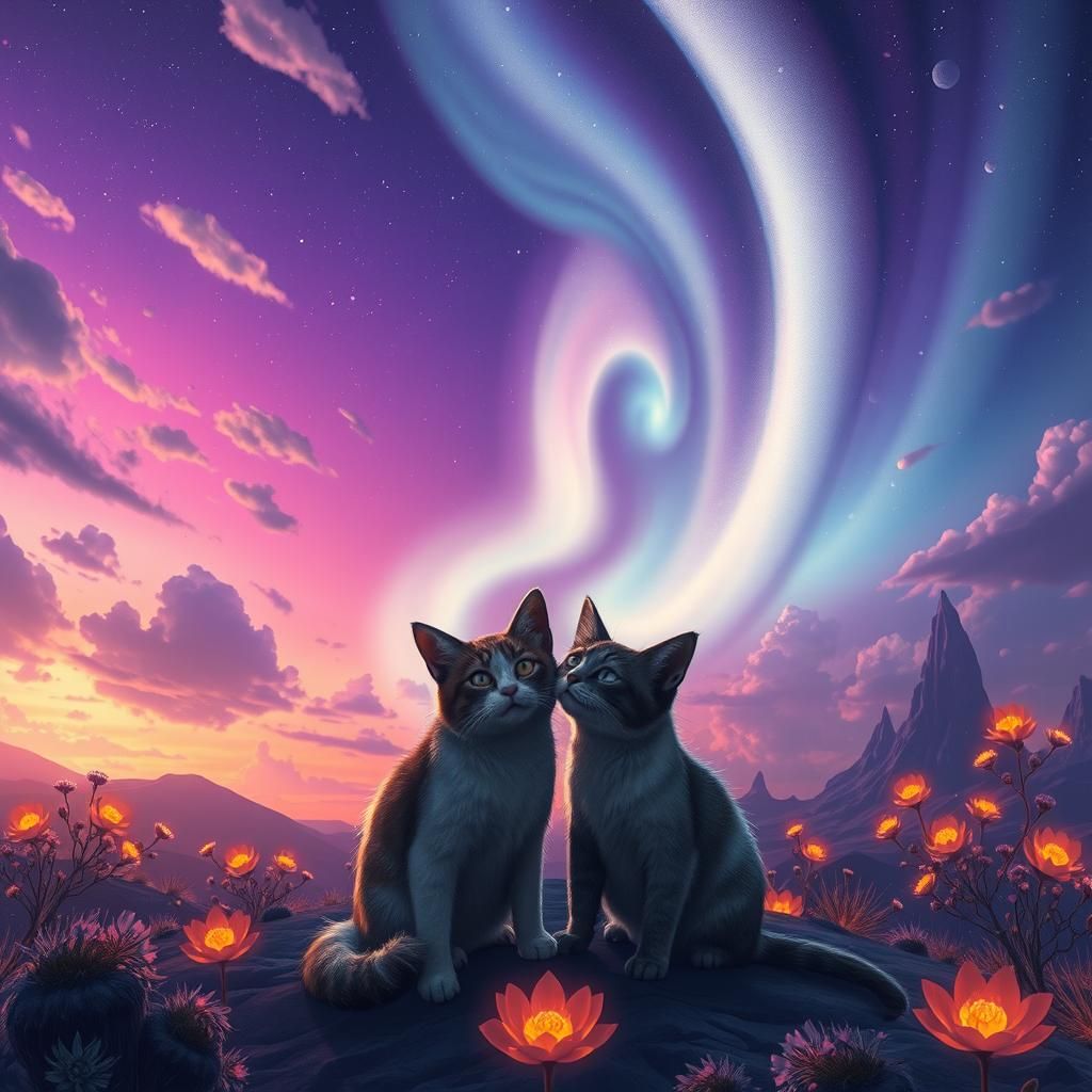 Cat Couple Gaze at Alien Aurora: Surreal Matte Painting