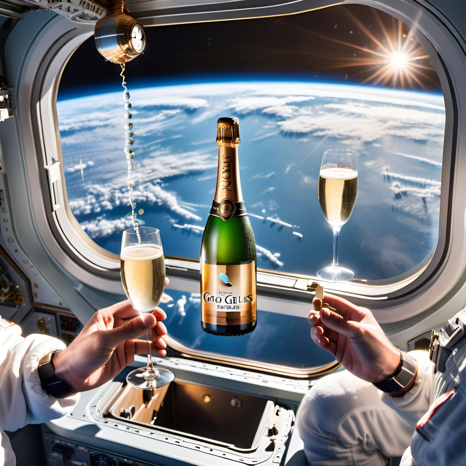 Champagne Toast in Space Station at Sunset