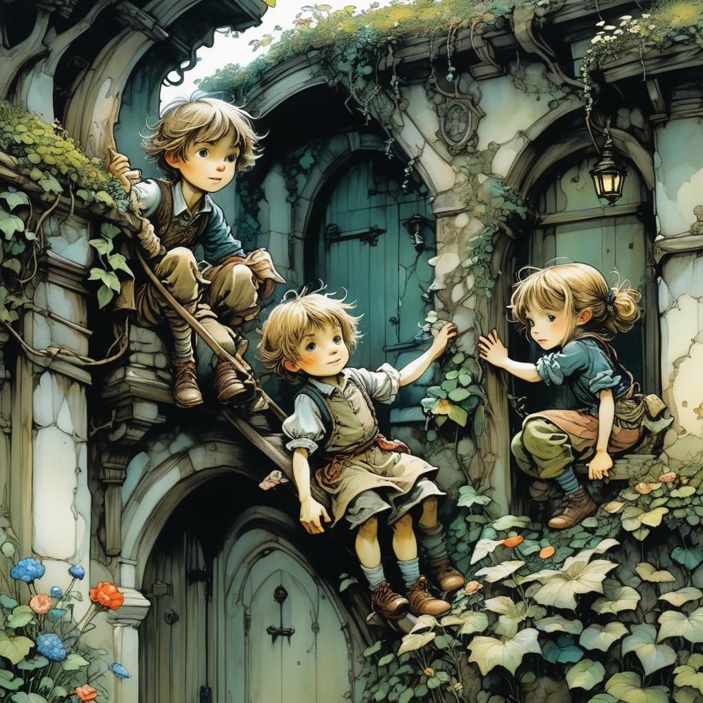 Children Climb Garden Wall in Whimsical Illustration