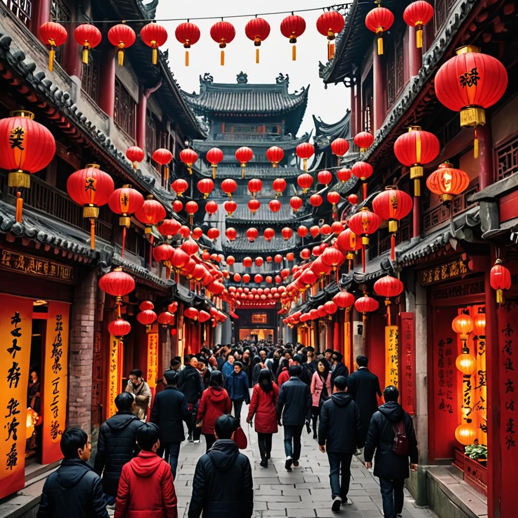 Shanghai Chinese New Year Street with Red Lanterns