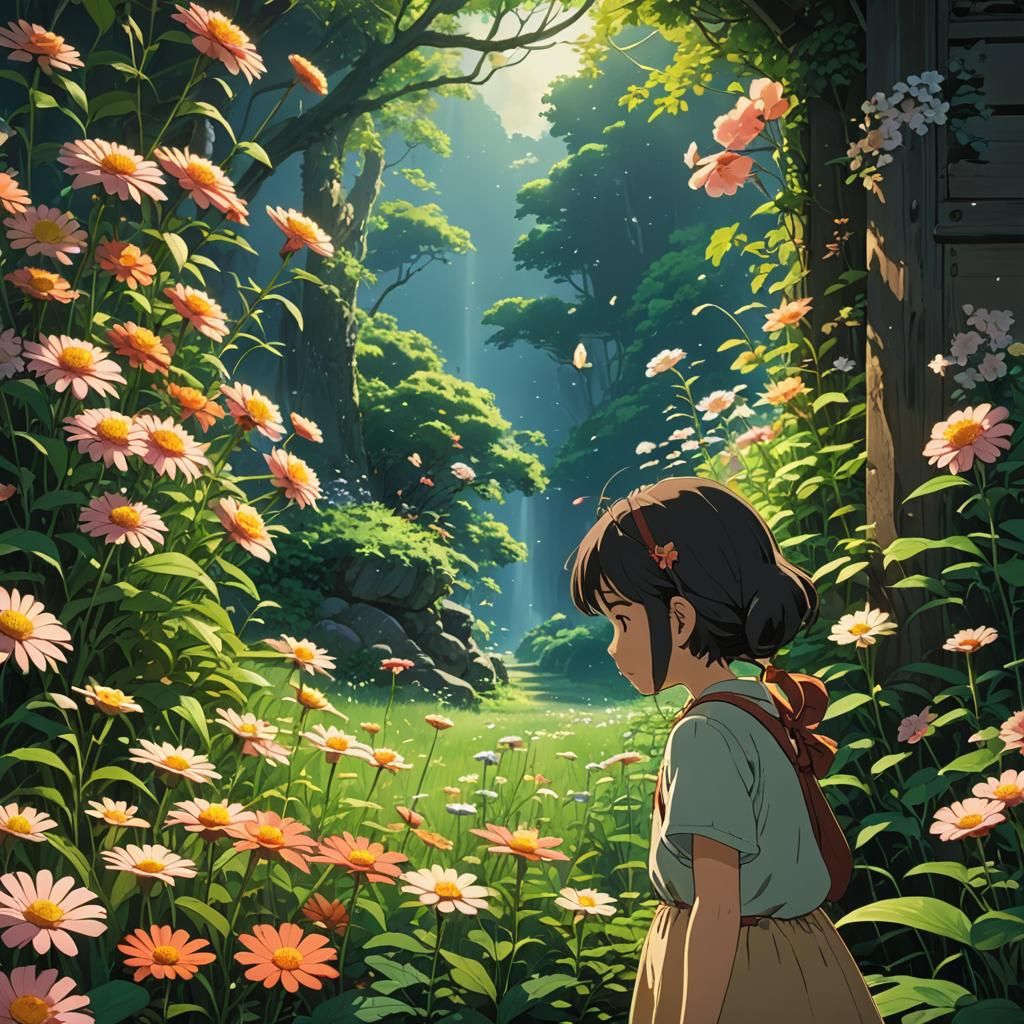 Girl Observes Sleeping Fairy in Flower, Anime Style