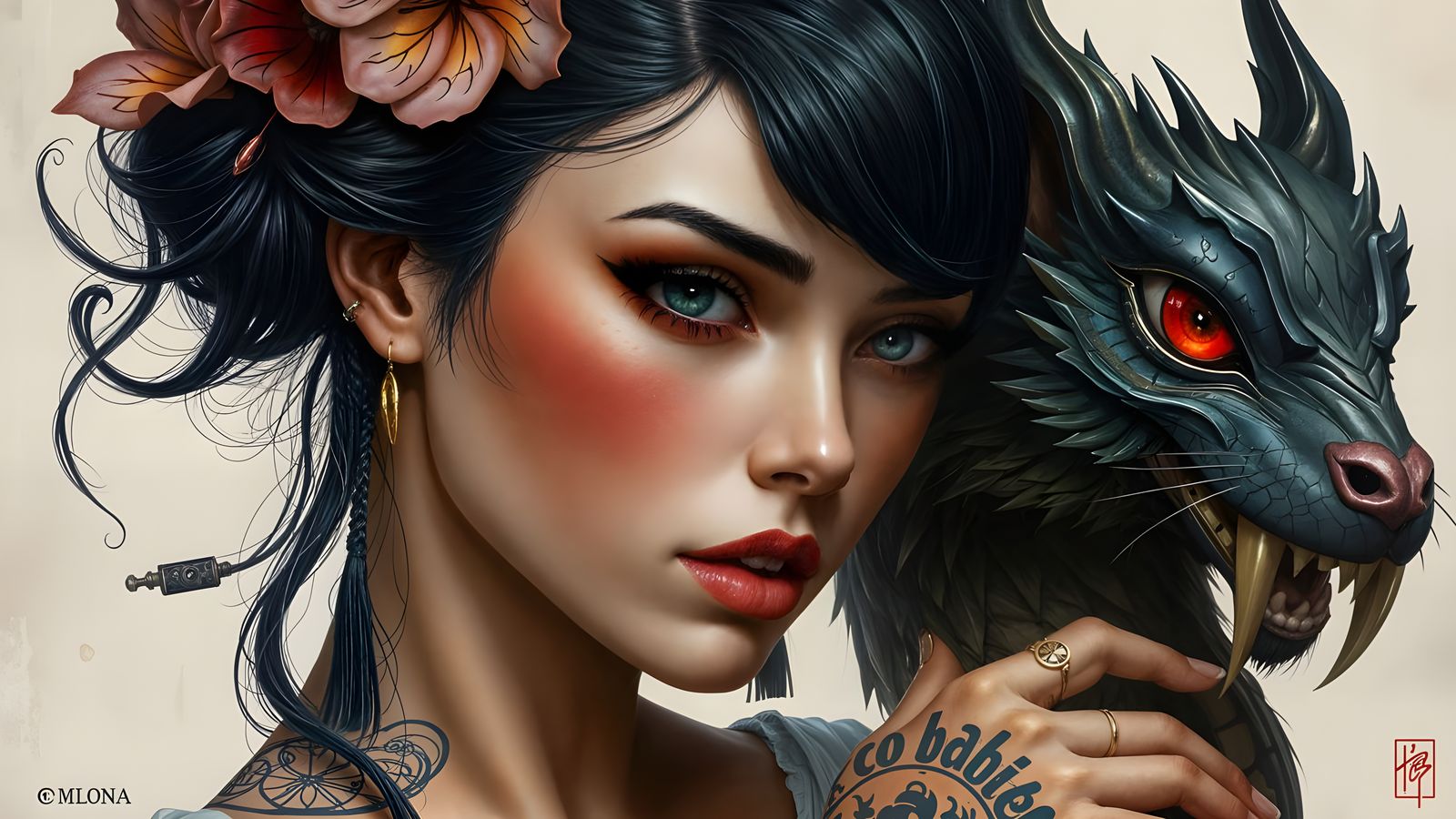 Steampunk Girl with Mechanical Wings and Dragon Tattoo