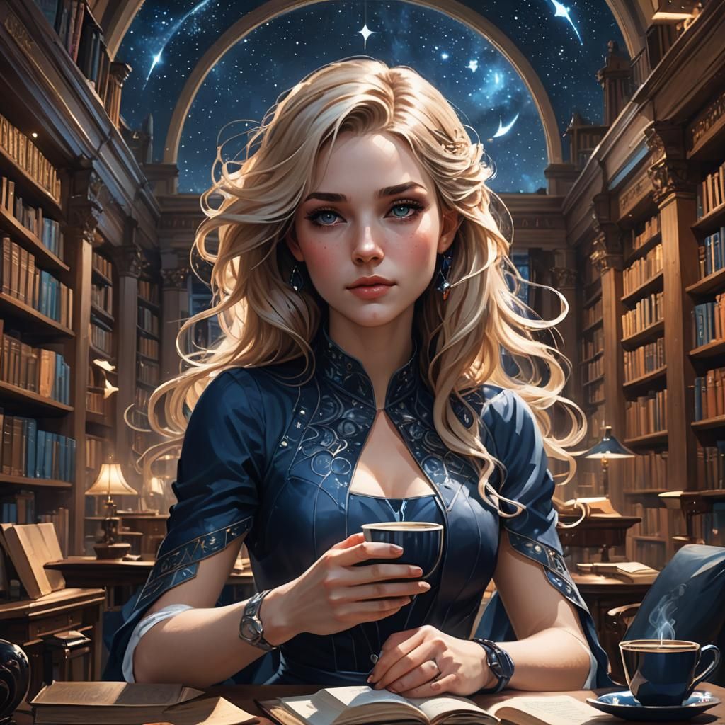 Woman in Starry Dress in Library, Hyperdetailed Portrait