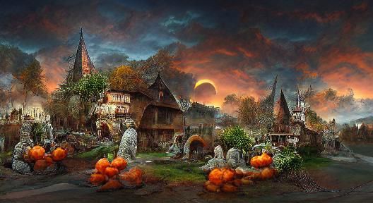 Halloween Village Landscape in Matte Painting Style