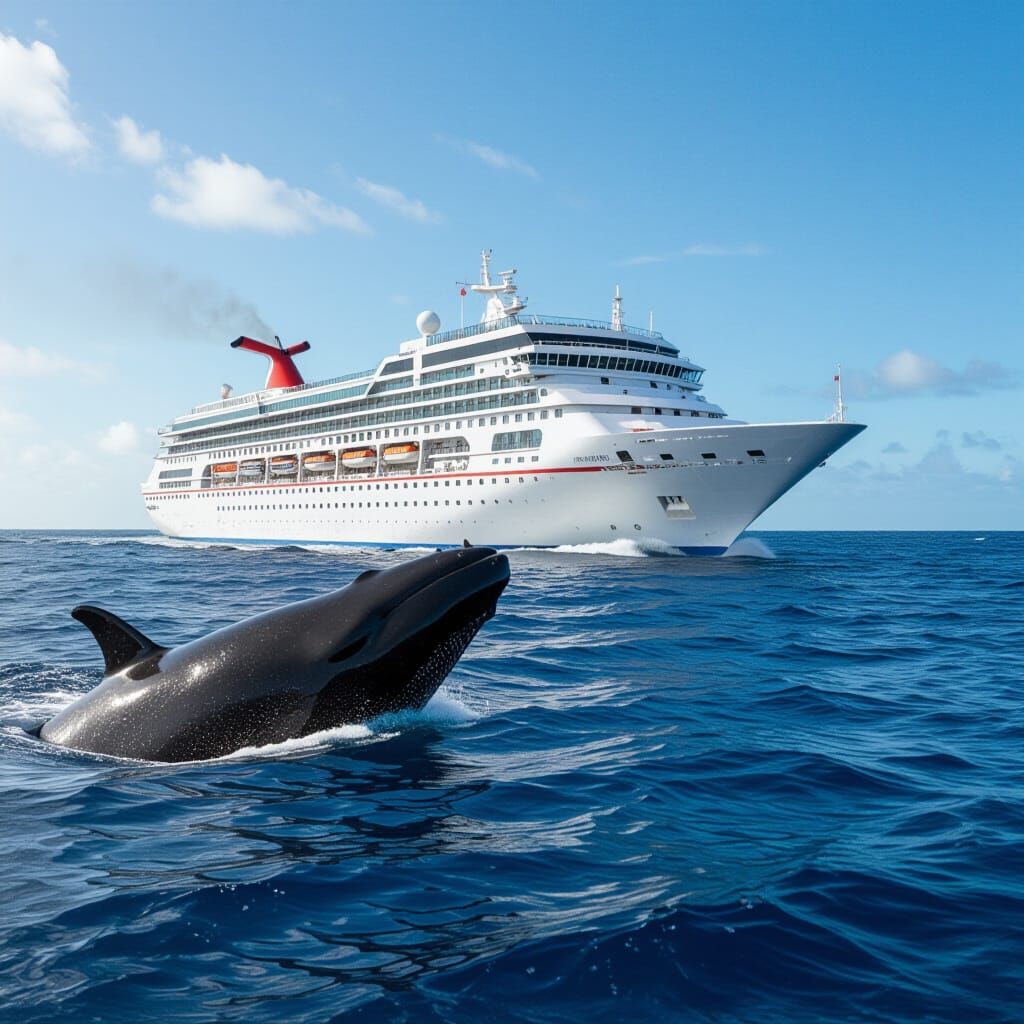 Giant Whale Observes Cruise Ship in Caribbean