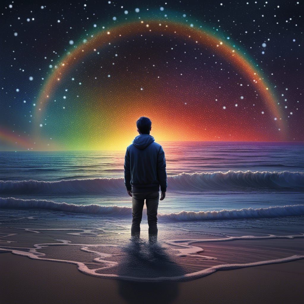 Night Beach Rainbow Stars, Photorealistic Concept Art