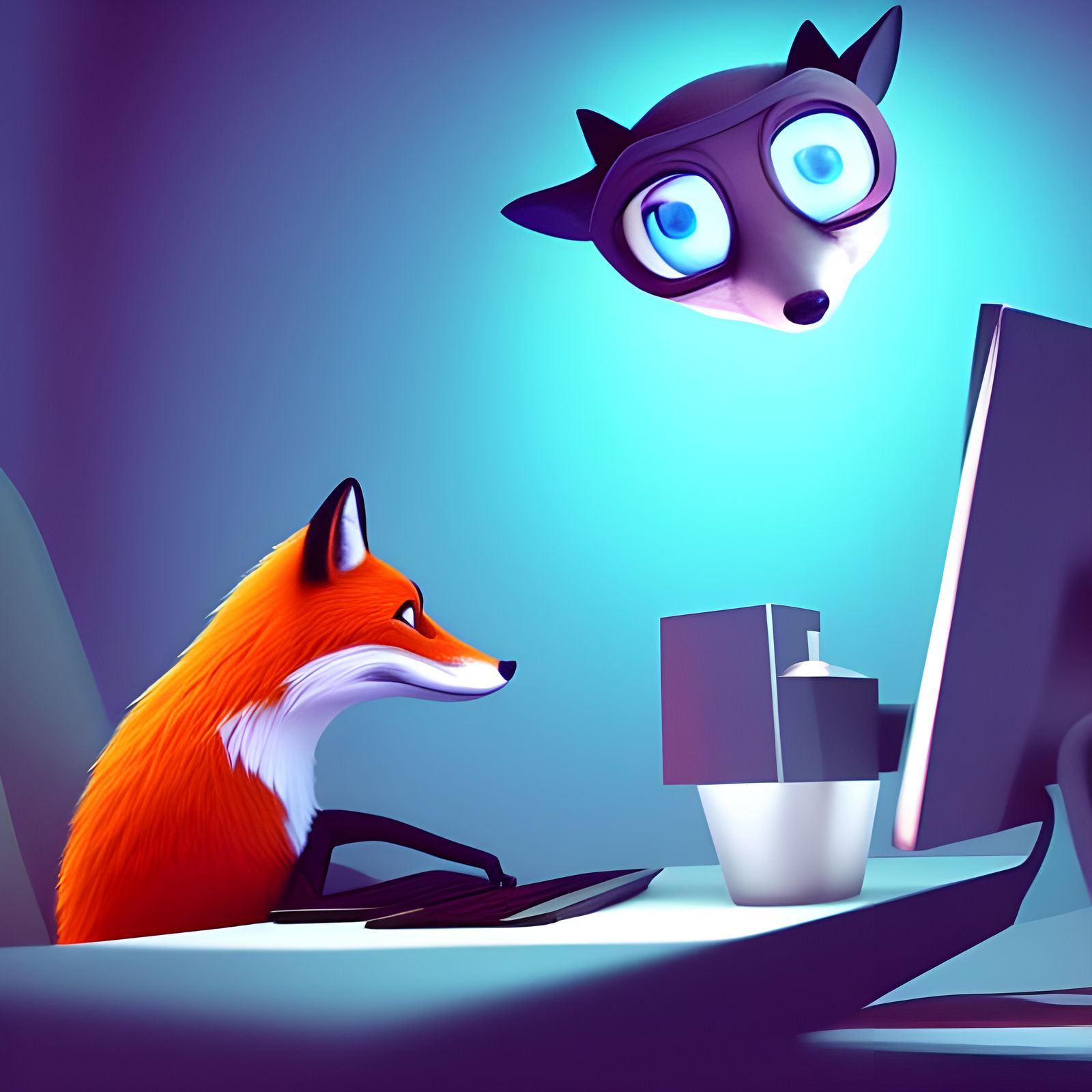 Fox at Computer in 3D Digital Art Style