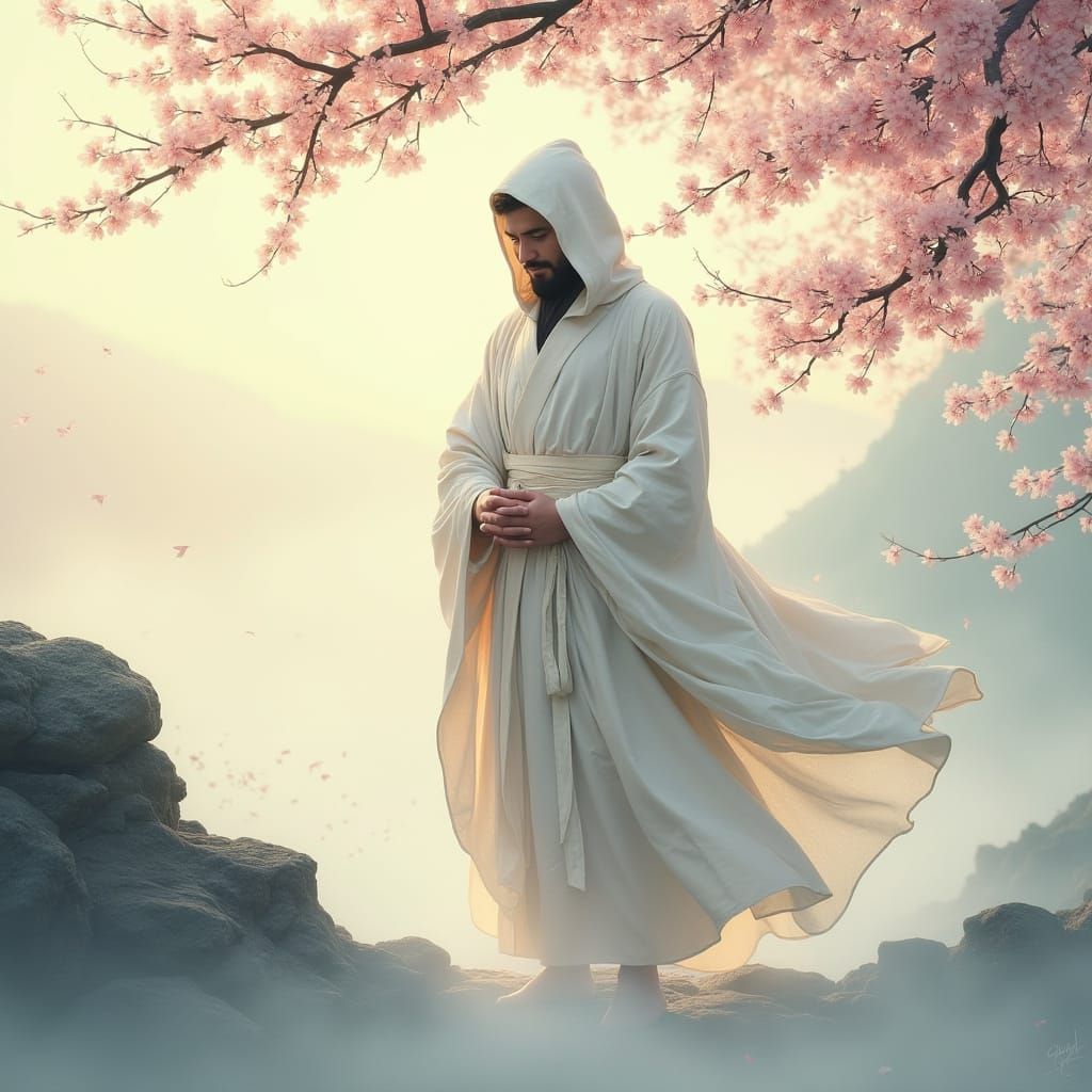 Serene Ninja in Cherry Blossom Landscape