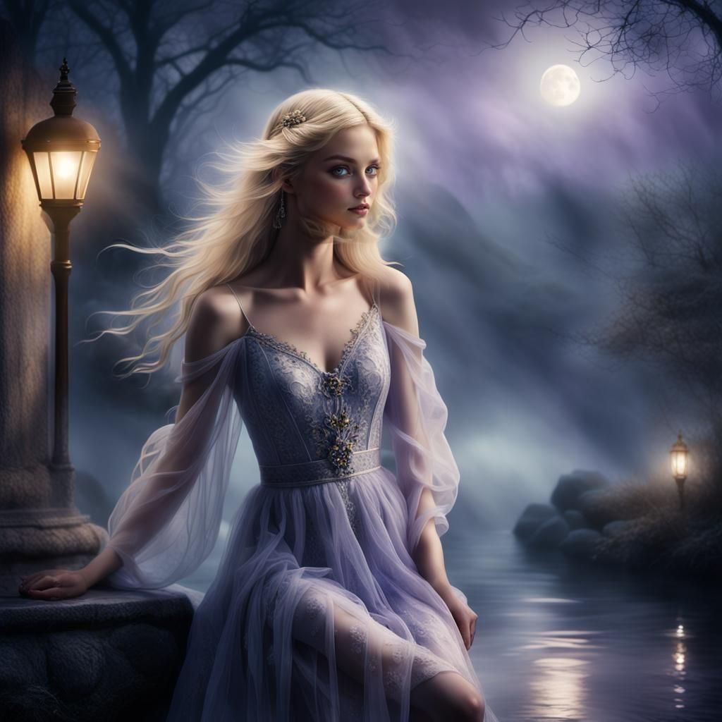 Ethereal Blonde Lady in Moonlight: Hyperrealistic Photo