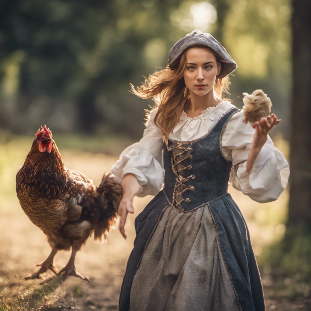 Medieval Woman Catching Hen, Professional Photography