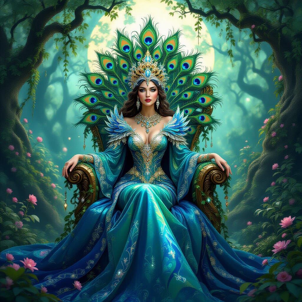 Majestic Peacock Queen in Enchanted Forest