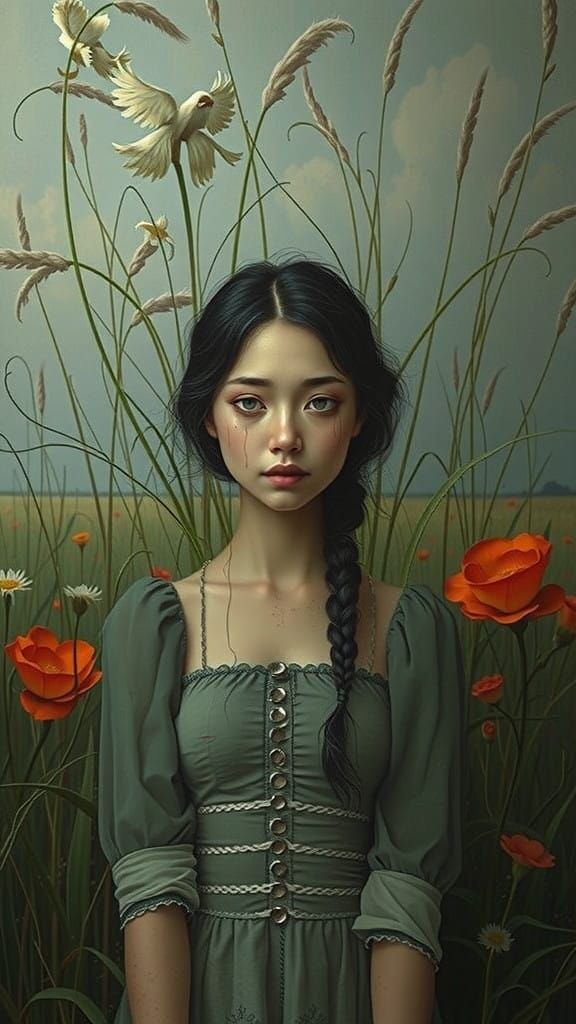 Surreal Pastel Portrait of a Crying Woman with Lush Hills an...