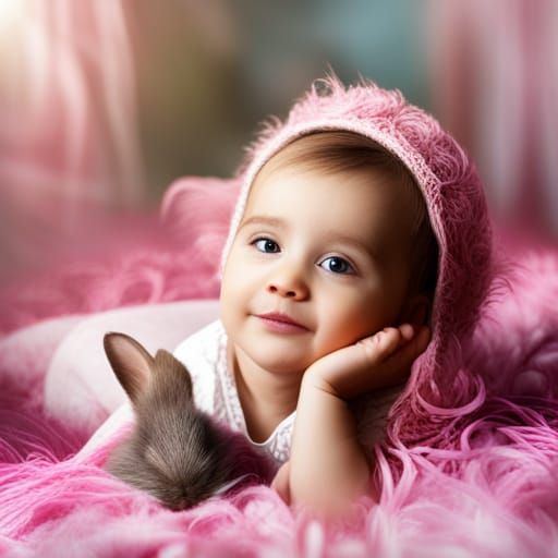 Cheerful Baby with Bunnies in Fantasy Art Style
