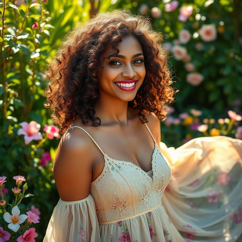 Radiant Woman in Sunlit Garden