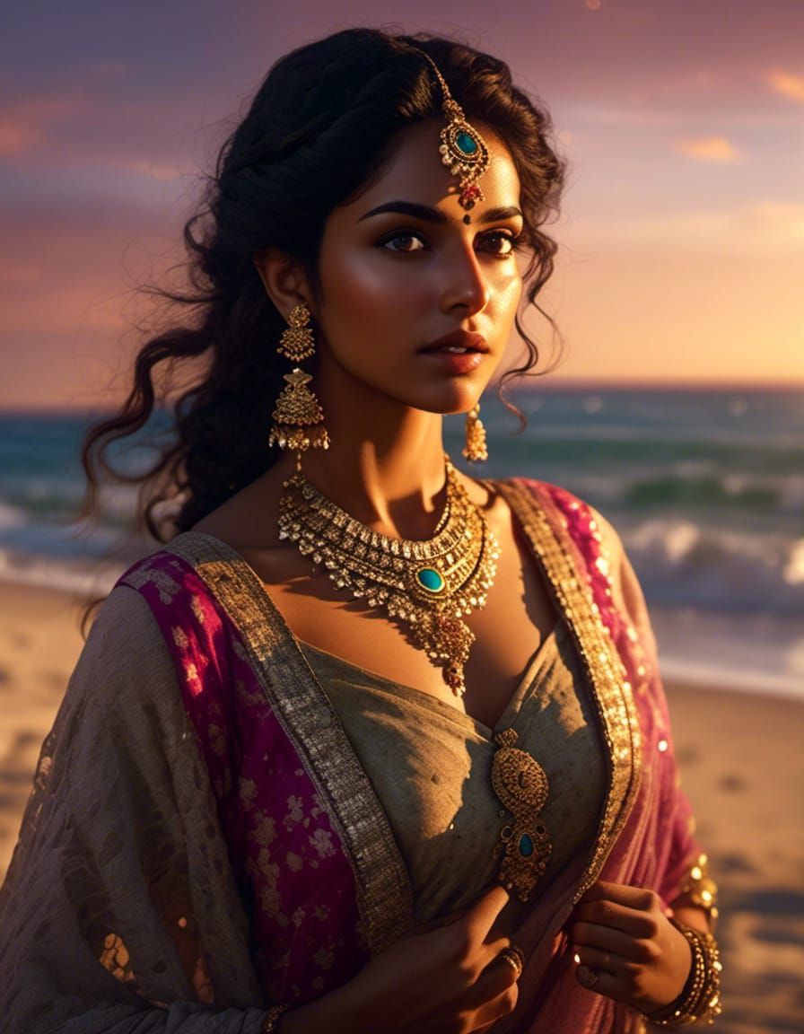 Indian Woman at Beach Sunrise in Animation Realism