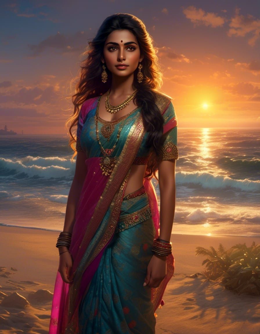 Indian Woman at Beach Sunrise, Digital Render