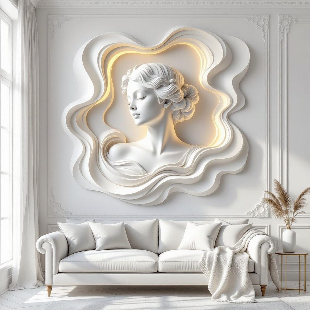 3D Relief Art in Classic Room with Woman and Amber Glow