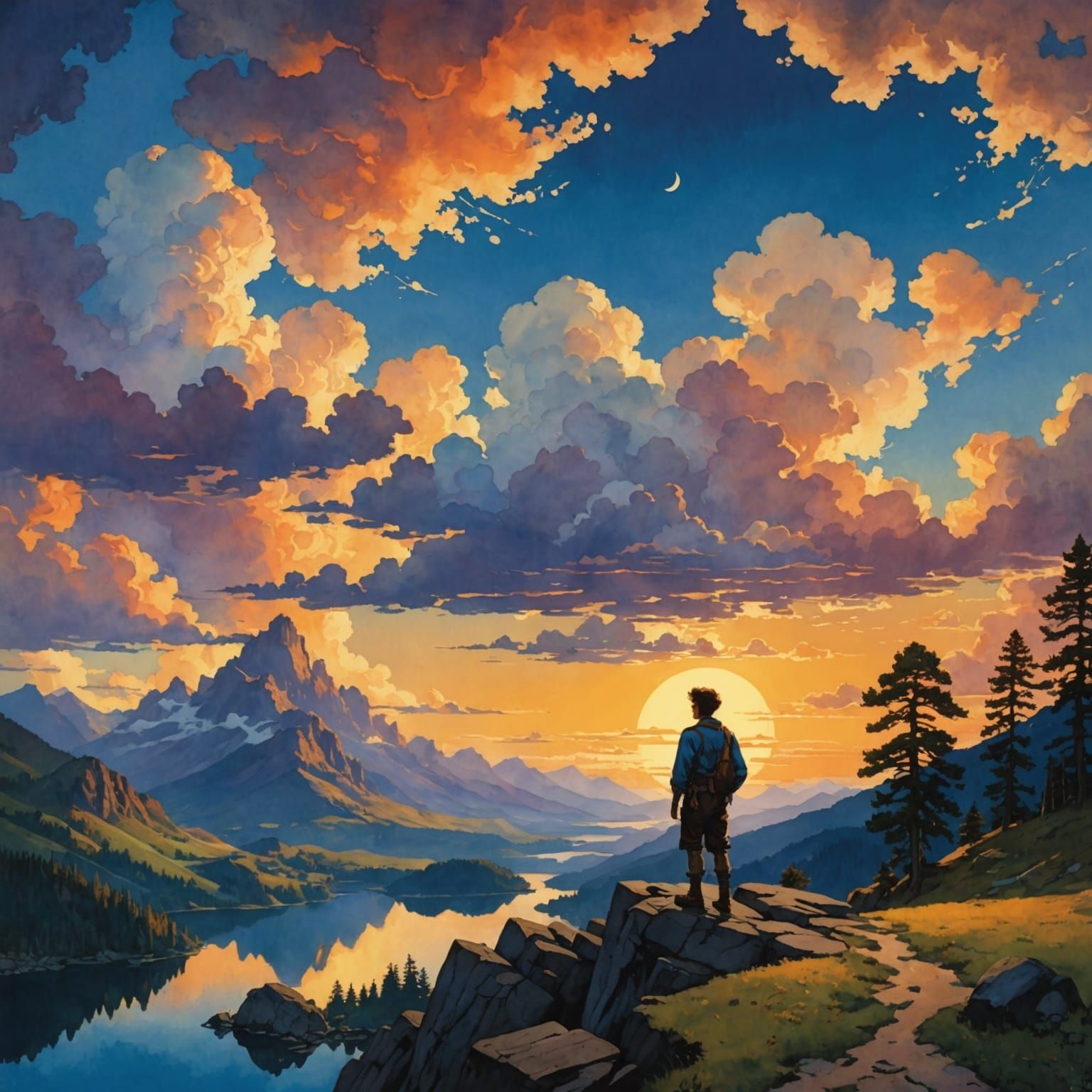 Anime Sunset Watercolor Painting in Maxfield Parrish Style