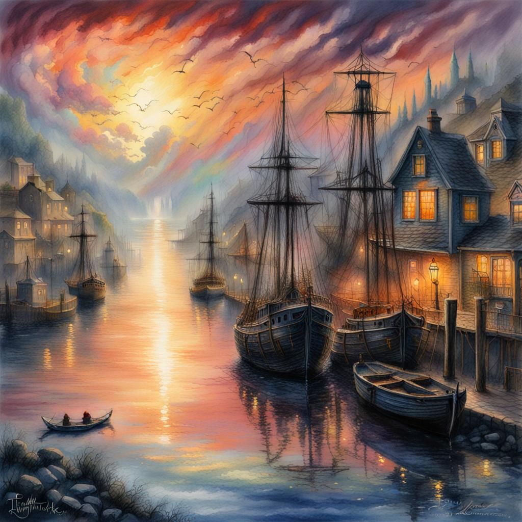 Mystical Sunset Harbor in Ethereal Watercolor