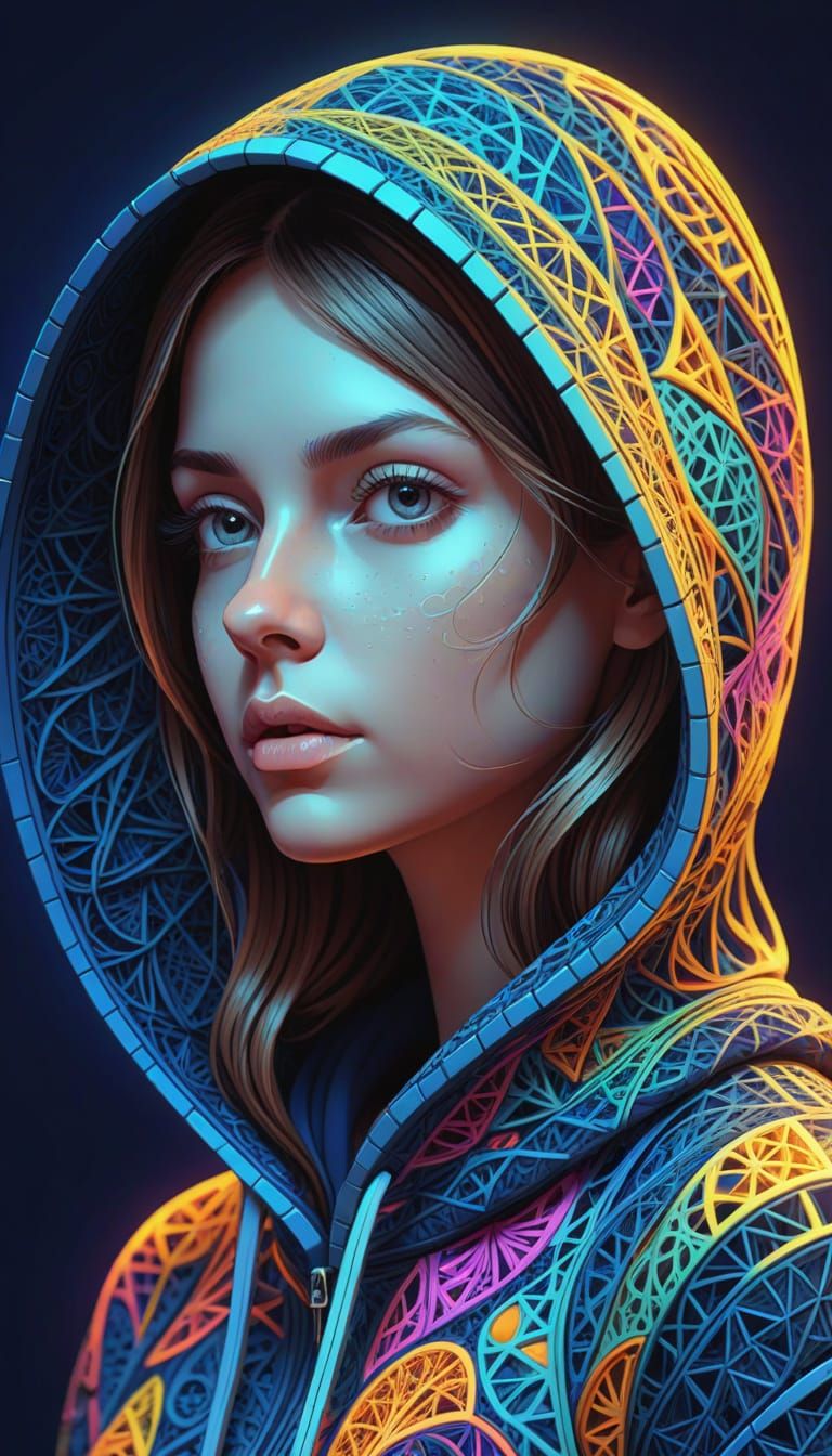 Psychedelic Vector Fractal Girl in Hoodie