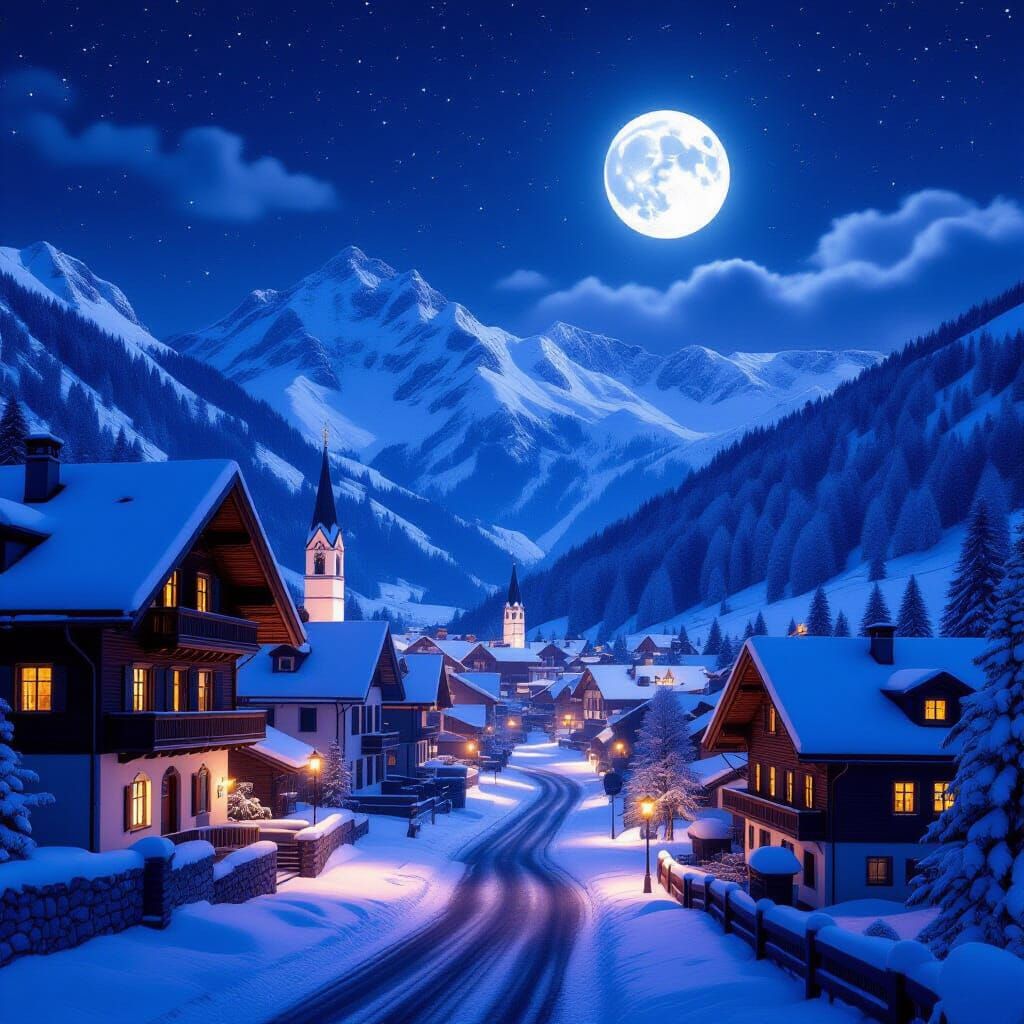 Austrian Town Under Full Moon, Alpine Night