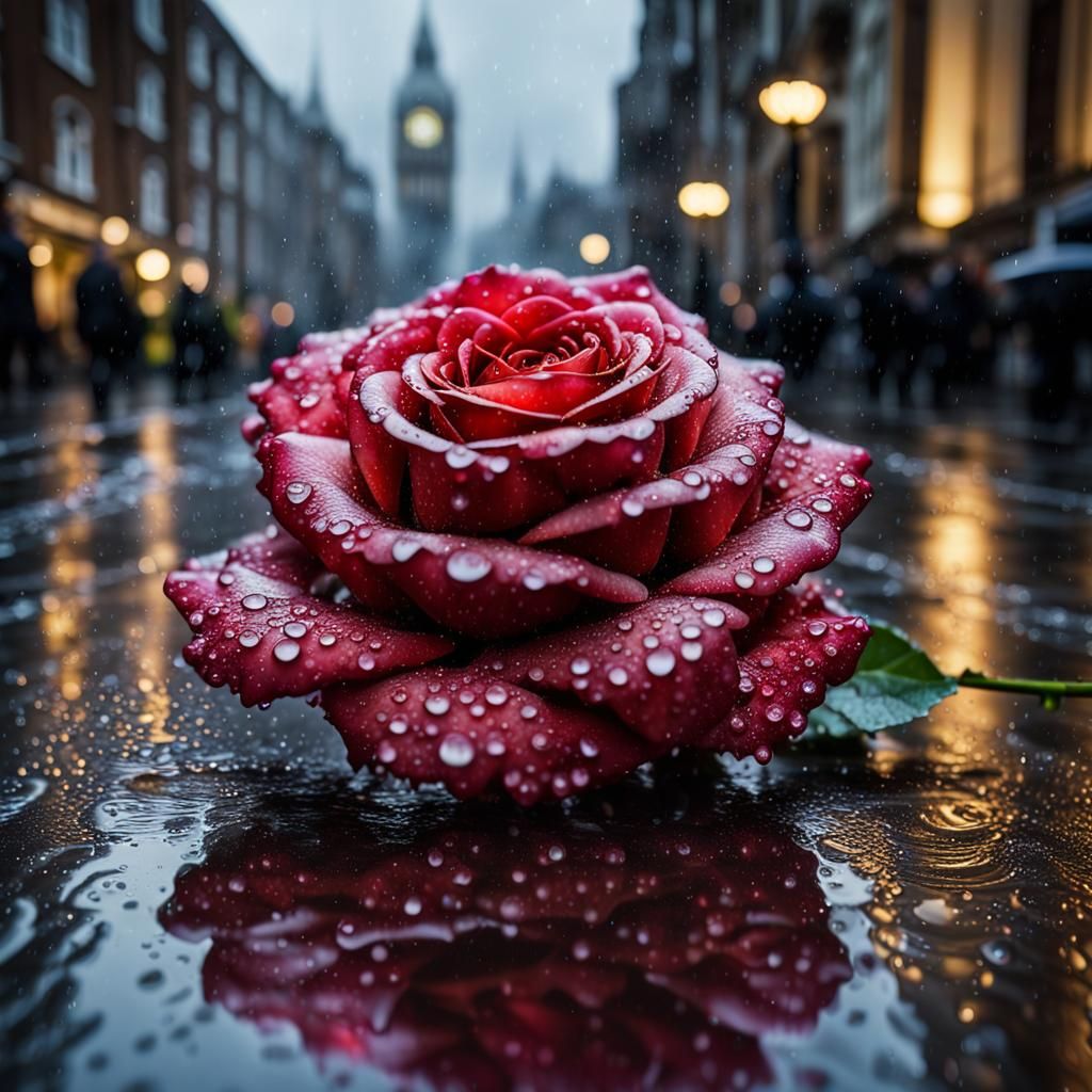 Westminster Rose on Rain-Slicked Street: Photorealistic Imag...