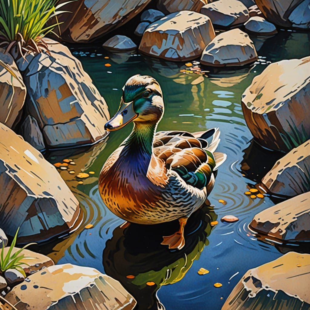 Duck peeping out from behind rocks