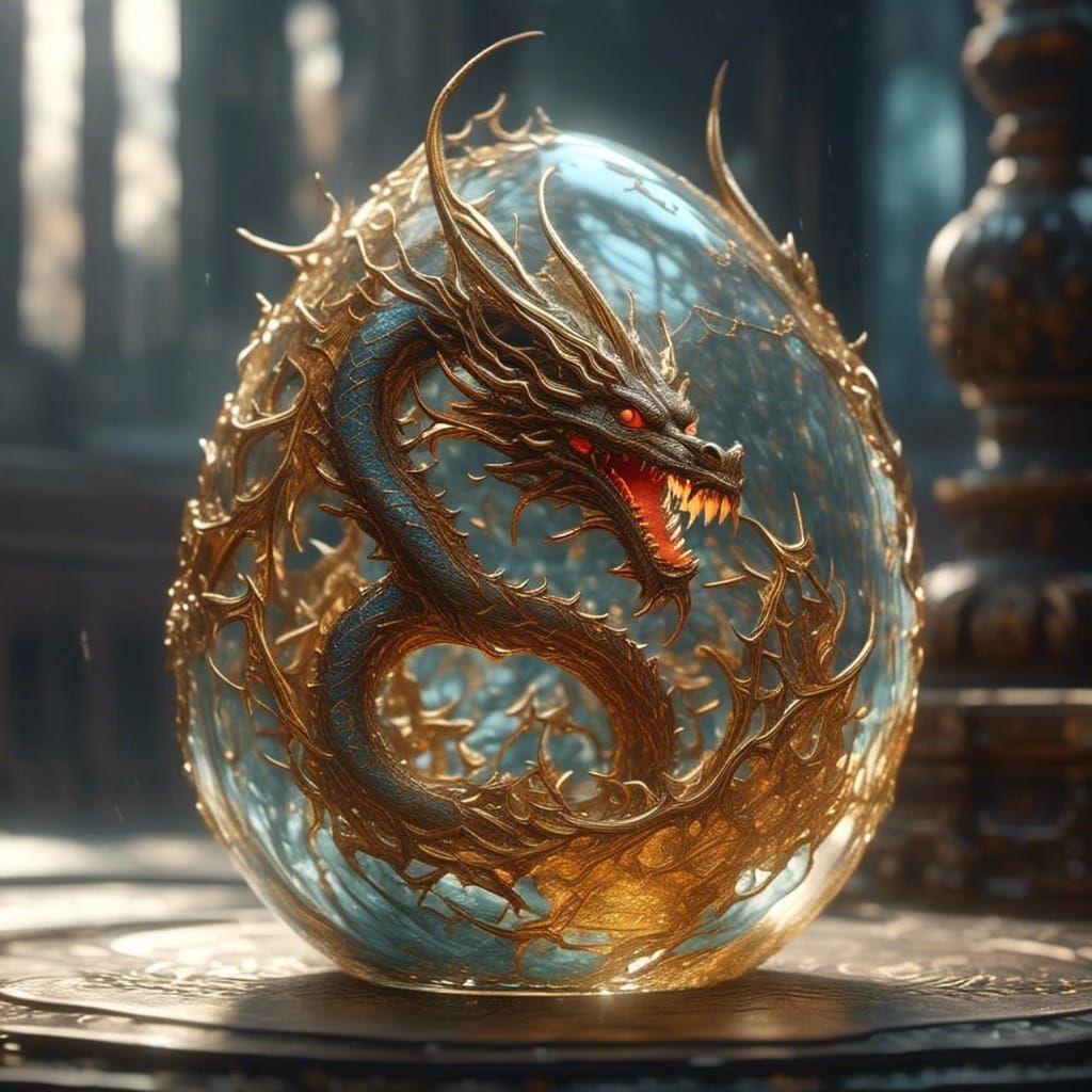Dragon in Cracked Glass Egg with Fractal Details