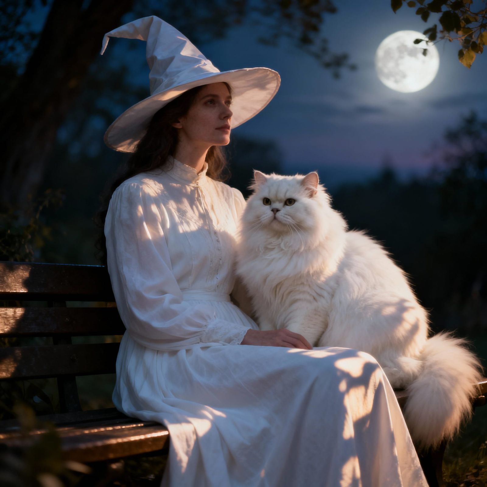 Photorealistic Witch with Persian Cat at Twilight