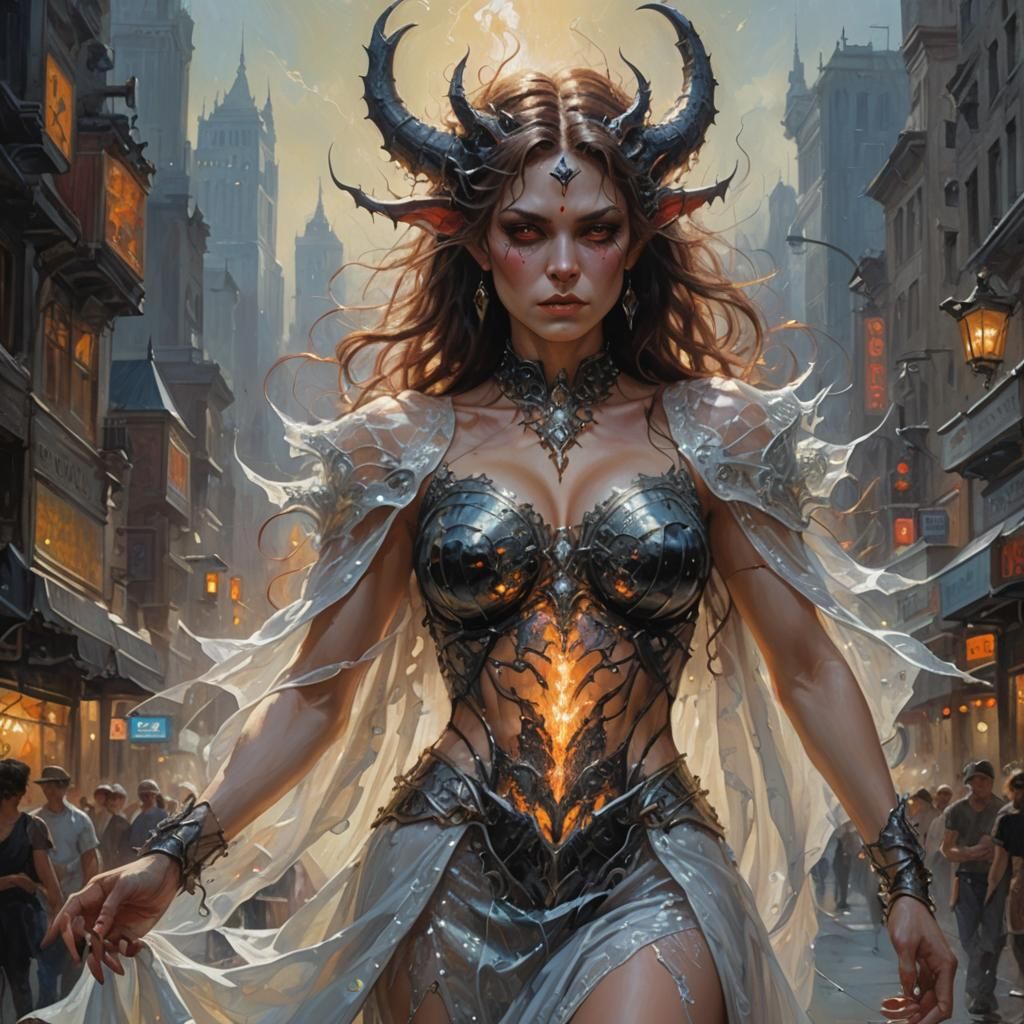 Fantasy Demon in City, Oil Painting Style