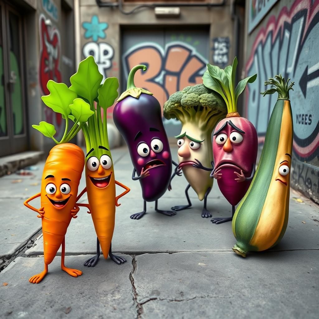Whimsical Vegetables with Human Expressions on City Sidewalk