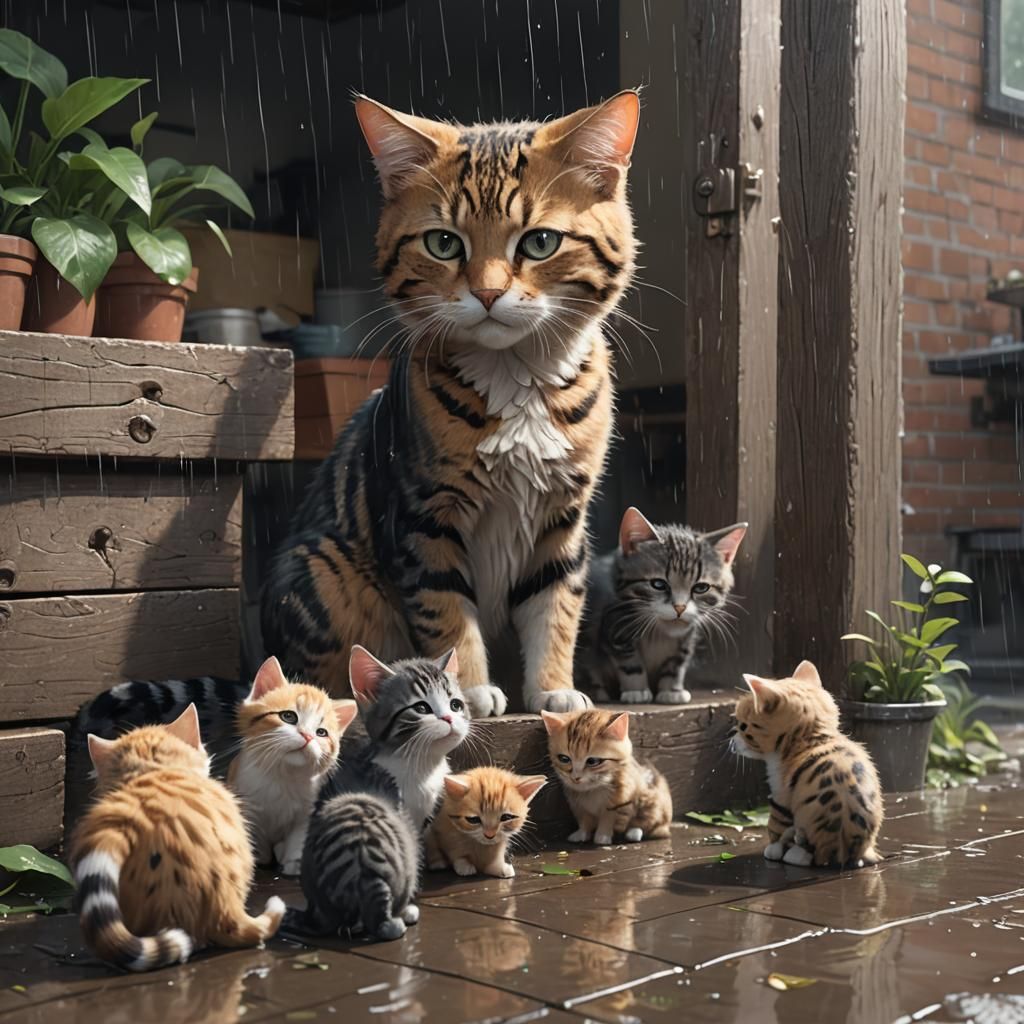 Mother Cat Sheltering Kittens: 3D Anime Art