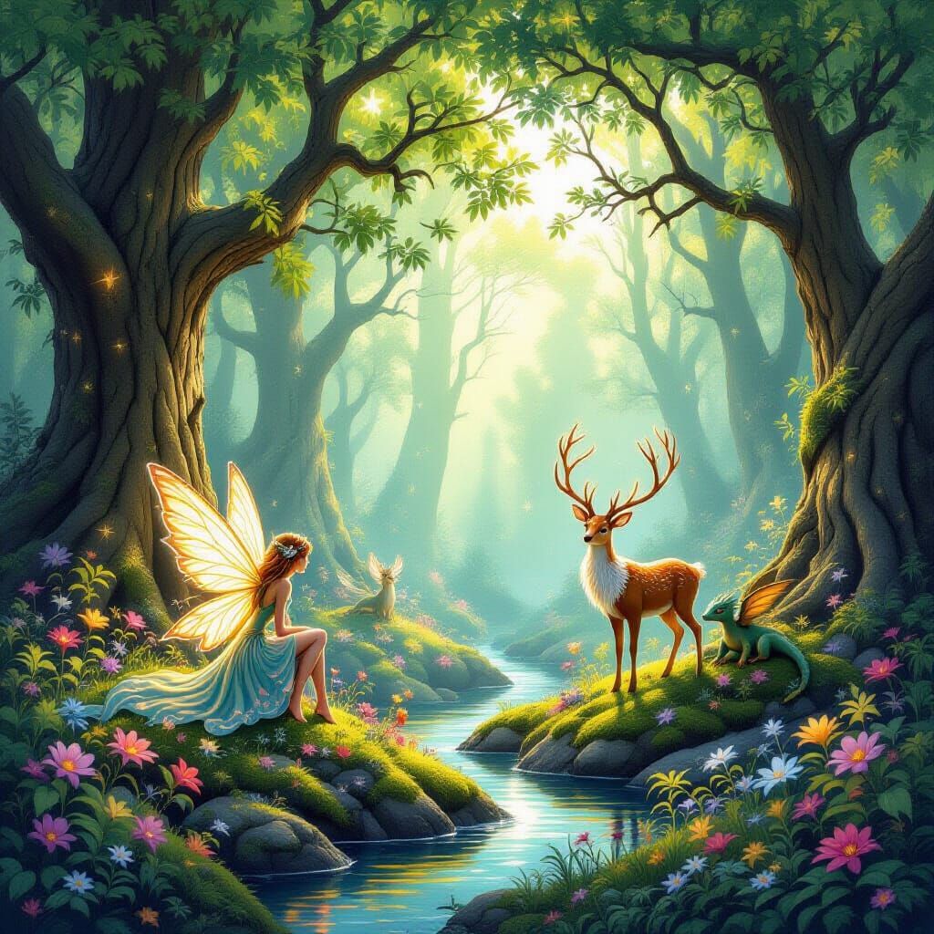 Enchanted Forest with Magical Creatures in Fantasy Art Style