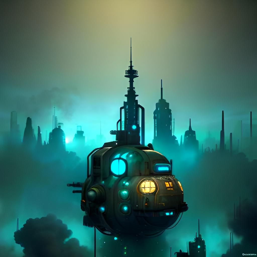 Teal Dieselpunk City in Space: Hyperrealistic Art