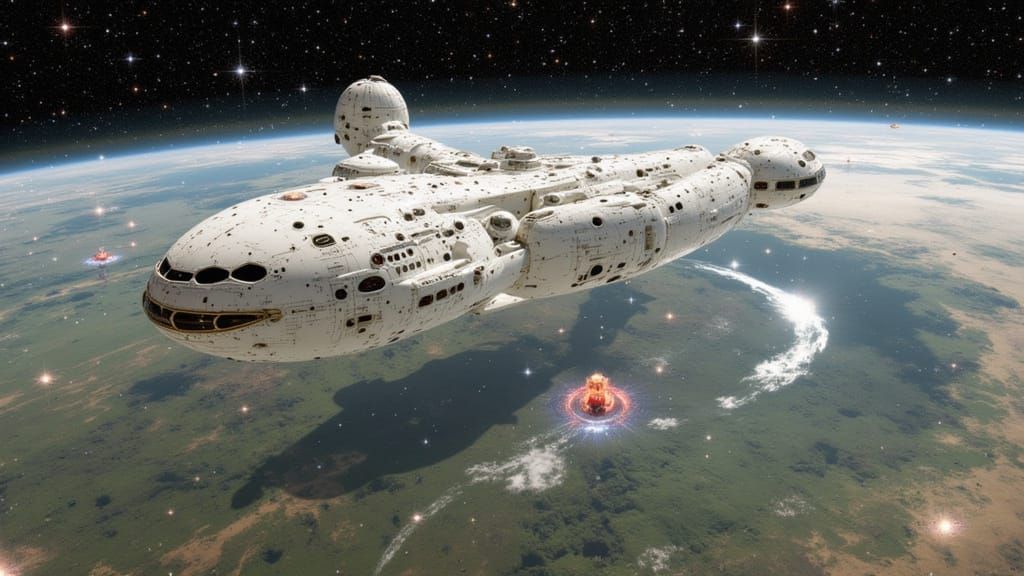 Futuristic Space Station Orbiting Green Continent