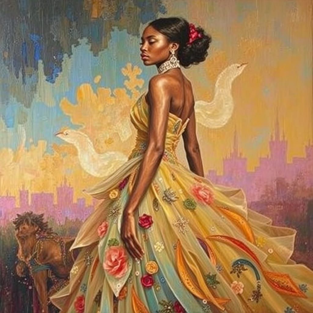 Elegant Woman in Dress, Mixed Media Art Style