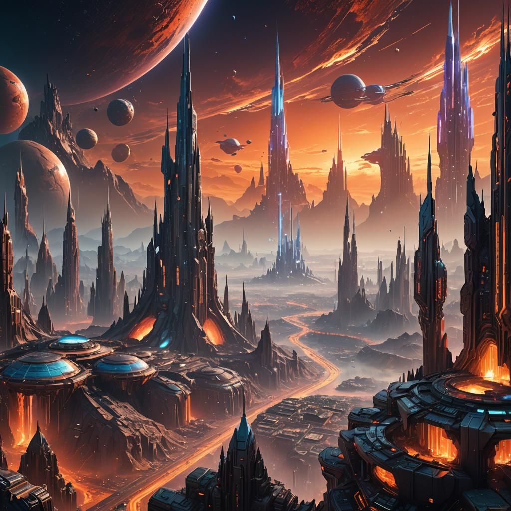 Futuristic Planet with Alien Cities in Sci-Fi Art